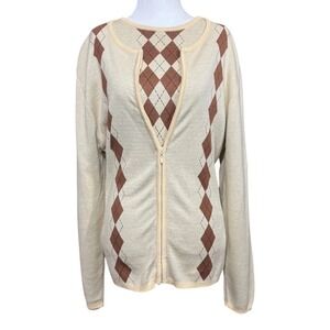 Nicole Miller Women's Argyle Cardigan Set‎  Top Beige Brown Sweater Zip SZ M